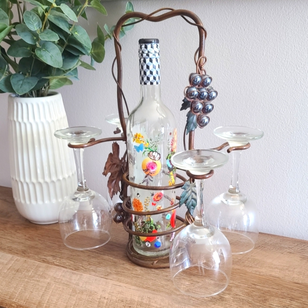 🍇Vintage Wrought Iron Grapevine Wine Bottle & 4 Glass Caddy